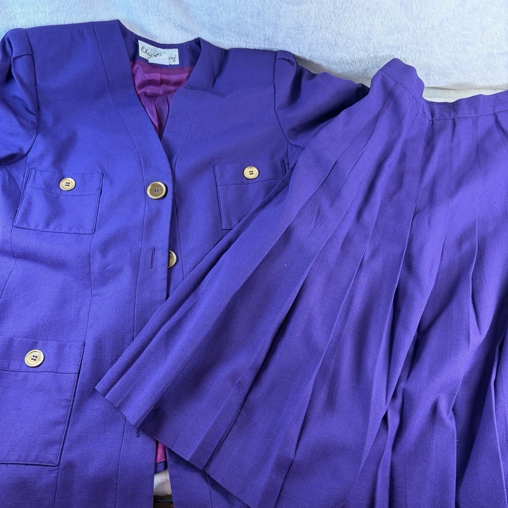 Vintage Oleg Cassini Purple Skirt Suit Set Gold Button Pleated 80s Power Preppy
